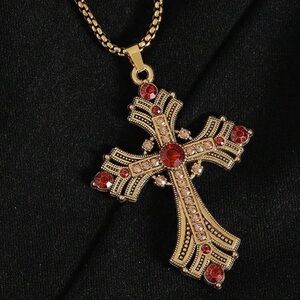 Elegant Gold and Red Cross Pendant Necklace